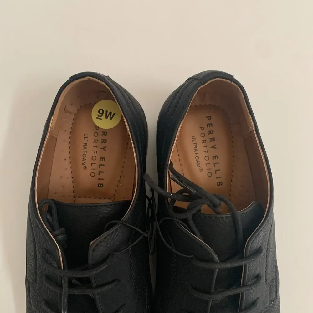Perry Ellis Portfolio Men's Sz 9W Ultra Foam Bennett Wide Black Dress Shoes